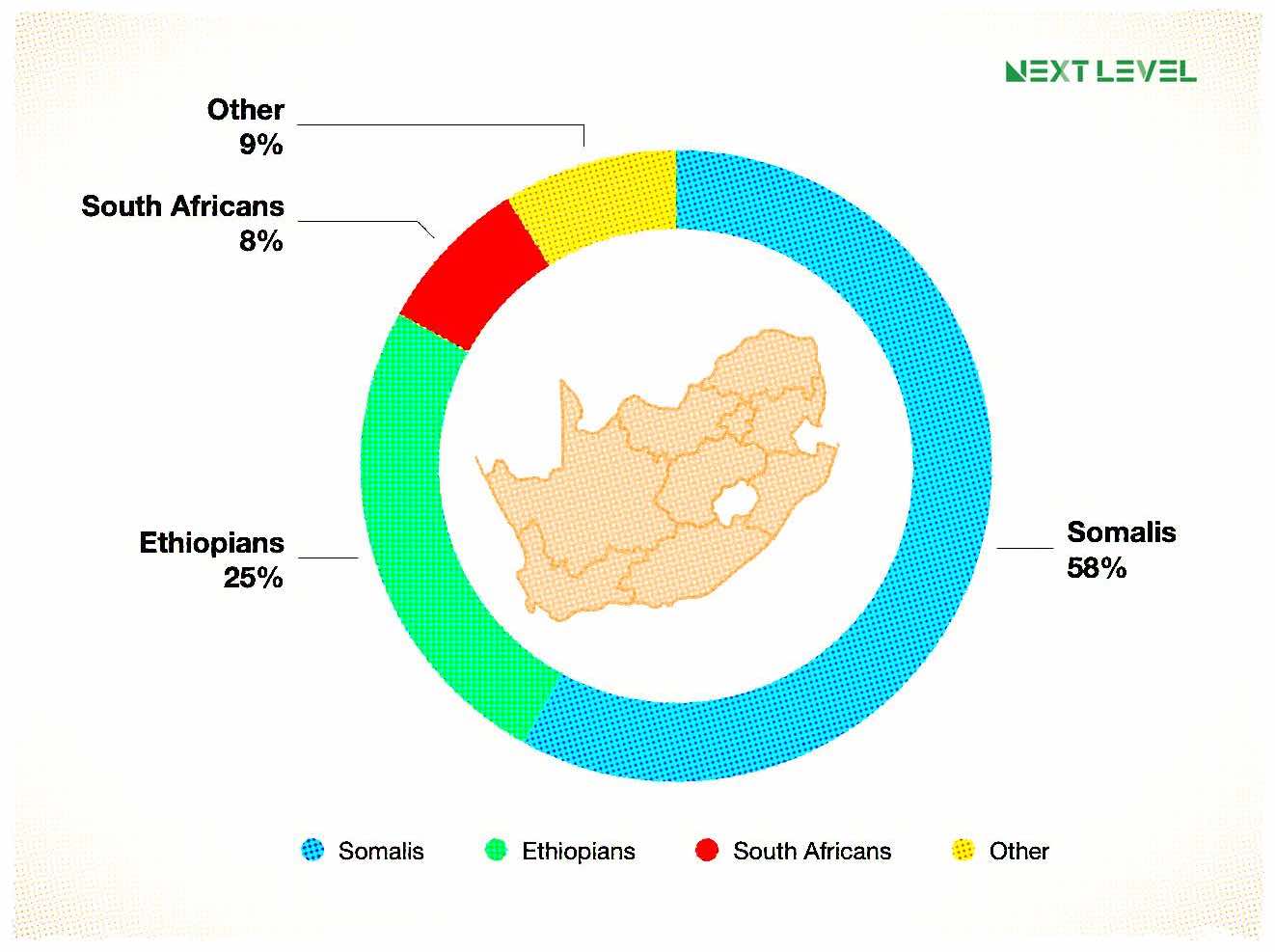 Spaza shop market share in South Africa. Somalis: 58%, Ethiopians: 25%, South Africans: 8%, Others: 9%