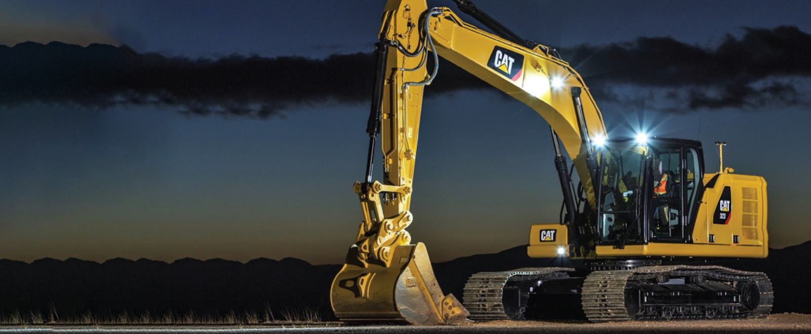 An image of a Caterpillar excavator used for digging earth, rock, and debris at construction sites